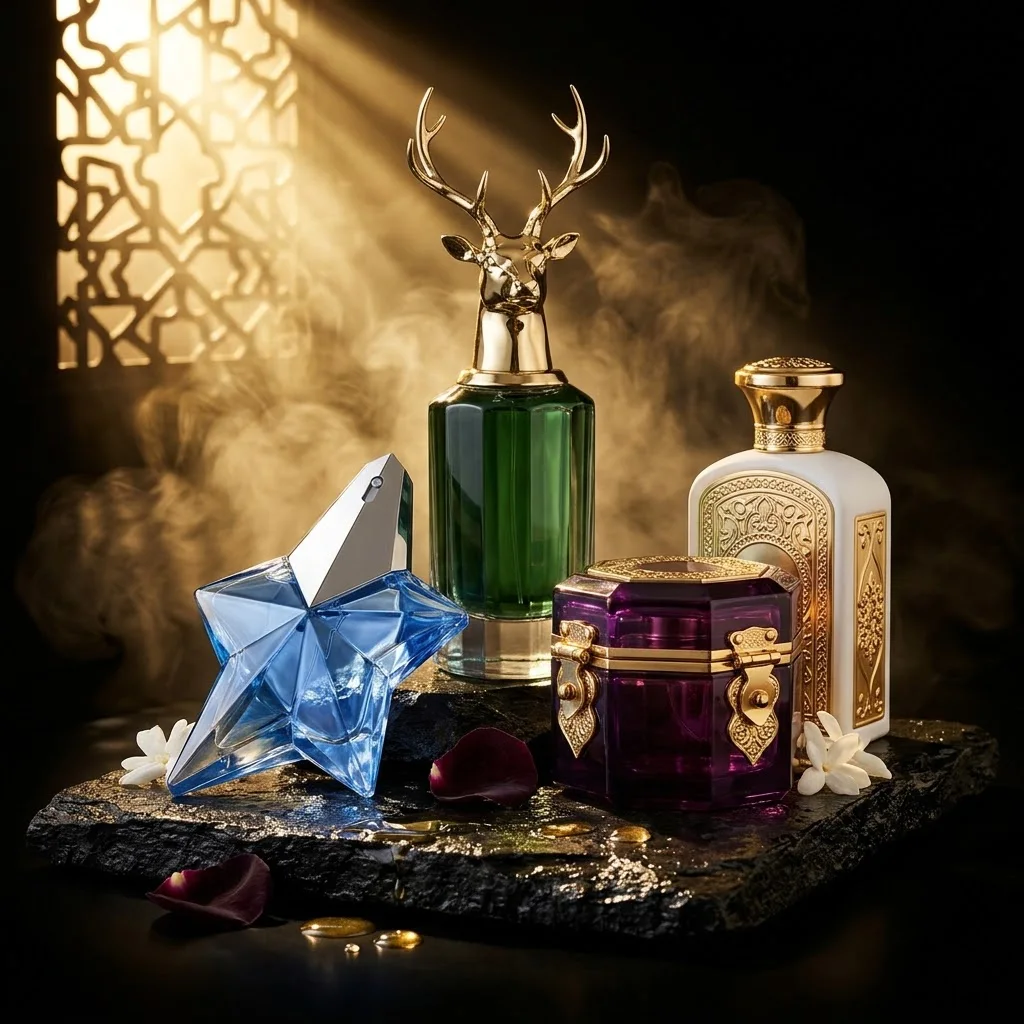 Frasco de perfume com líquido âmbar sob luz dourada